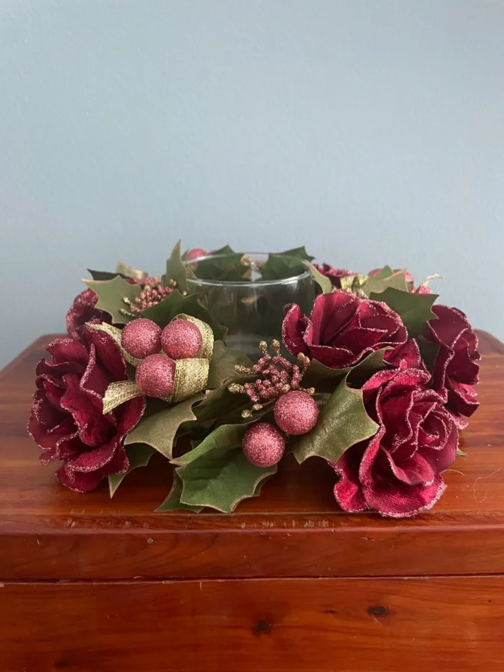 Christmas Candle Holder Ring Floral Roses Cranberries Holly Glitter 8